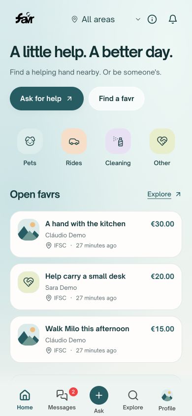 ASK FAVR with categories for Pets, Rides, Cleaning and Other, and examples of nearby requests