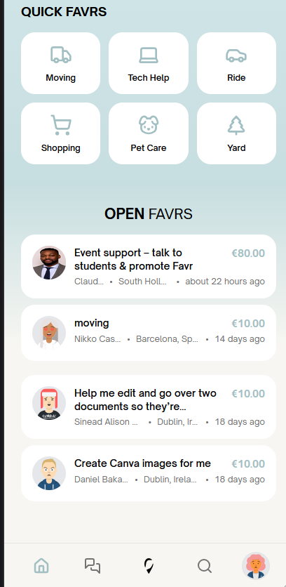 Favr app showing Quick Favrs categories and open favr requests nearby